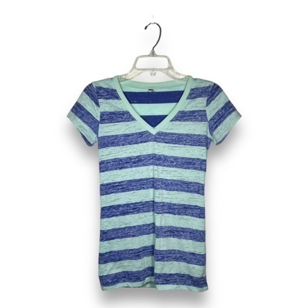 Zumiez Vneck Green and Blue Striped Tshirt Size Small - "Carla"